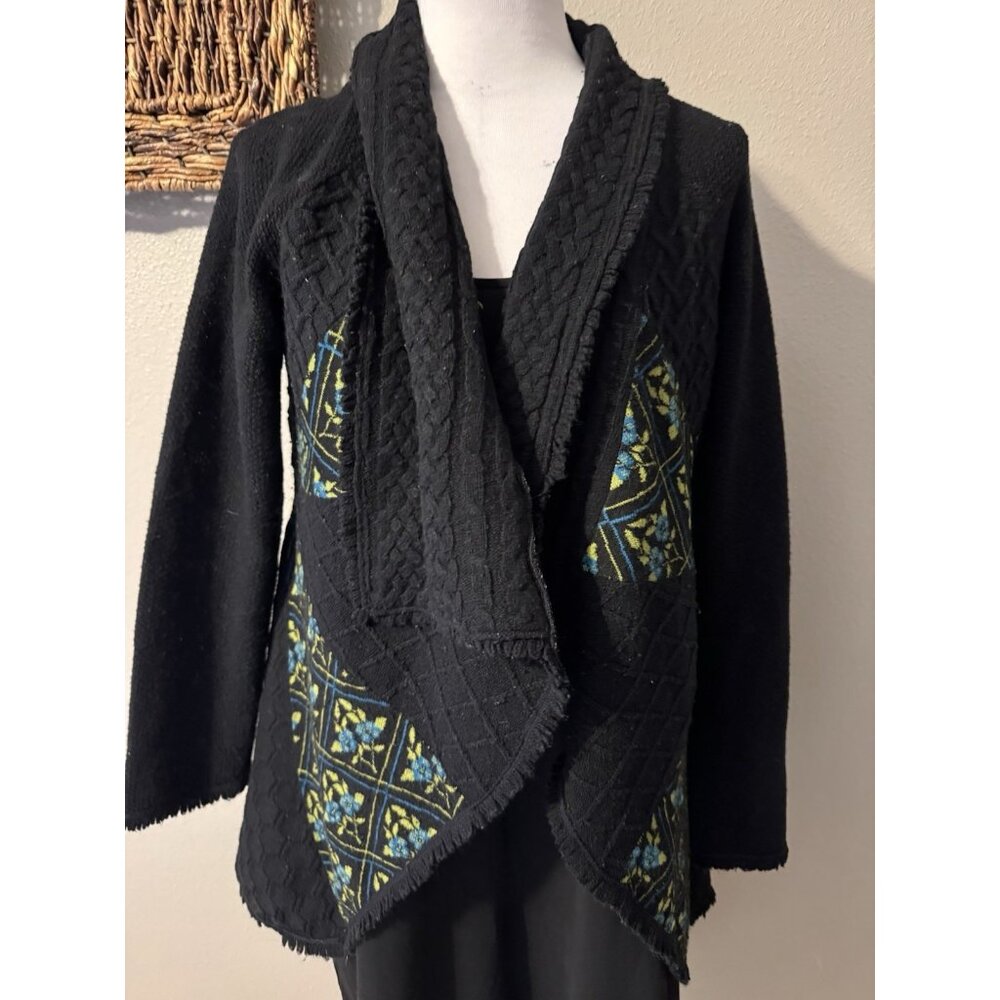 Anthropologie Sleeping on Snow Womens Cardigan Sweater L Large Black Green Patch
